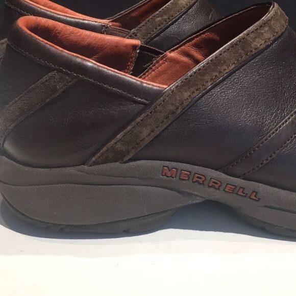 Stylish Comfort: Merrell Ecco Prime Patch Brown Leather Clogs - Size 9 - Picture 7 of 13